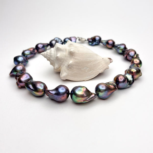 Peacock dyed color fresh water giant flame ball pearl necklace