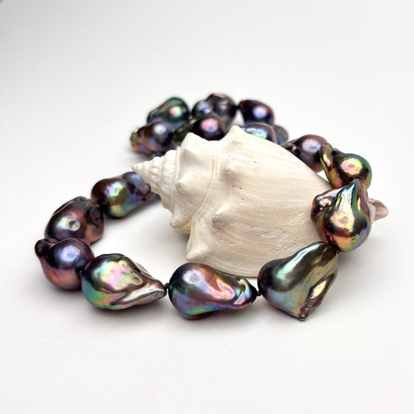 Peacock dyed color fresh water giant flame ball pearl necklace