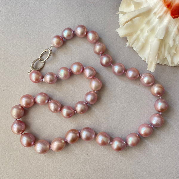 strawberry pink near round Chinese fresh water pearl necklace